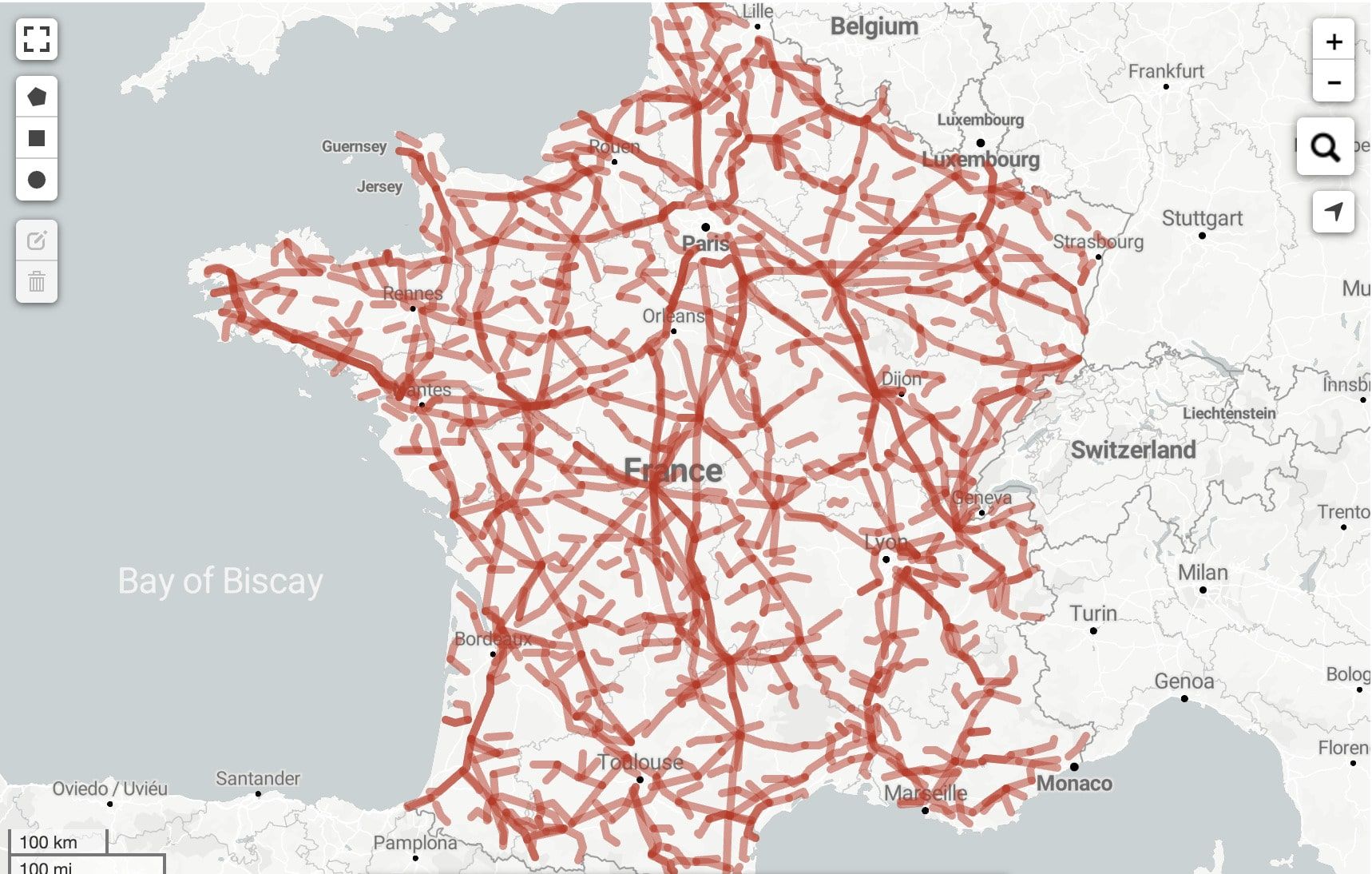 Carte du réseau de lignes hautes tensions en France